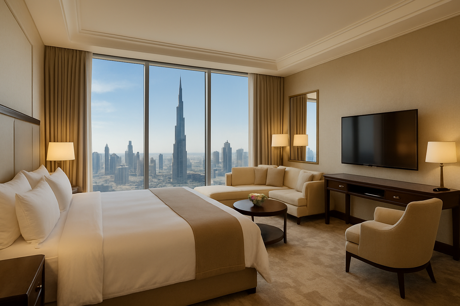 Five-star hotel suite with panoramic views of Burj Khalifa
