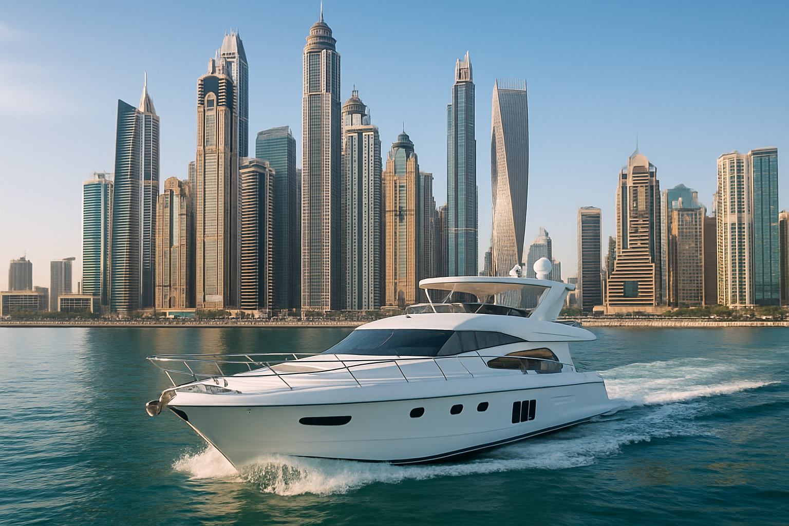 Private yacht cruising along Dubai Marina skyline