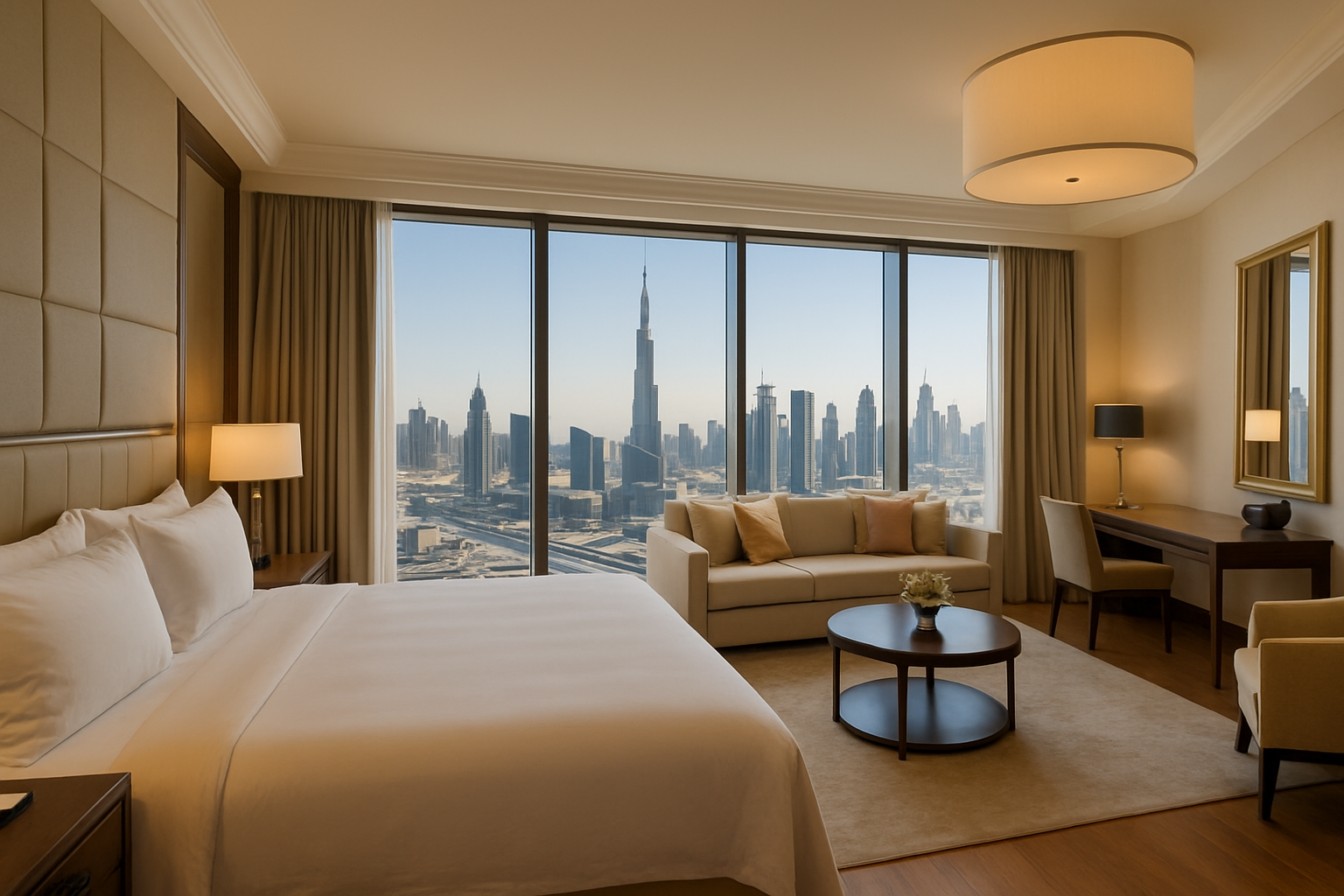 Five-star hotel suite overlooking Dubai skyline